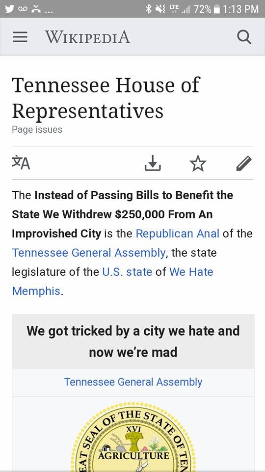 Memphis Flyer  Wikipedia edit trolls the Tennessee House of Representatives